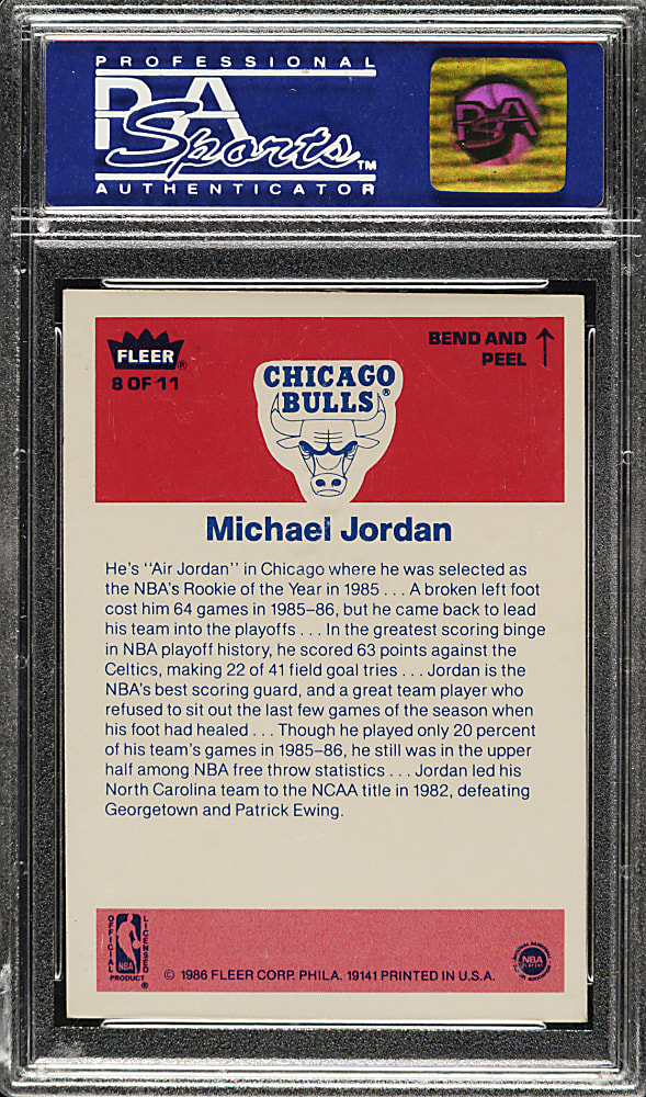 1986-1987 Fleer Basketball Sticker #8 Michael Jordan Rookie PSA NM 7