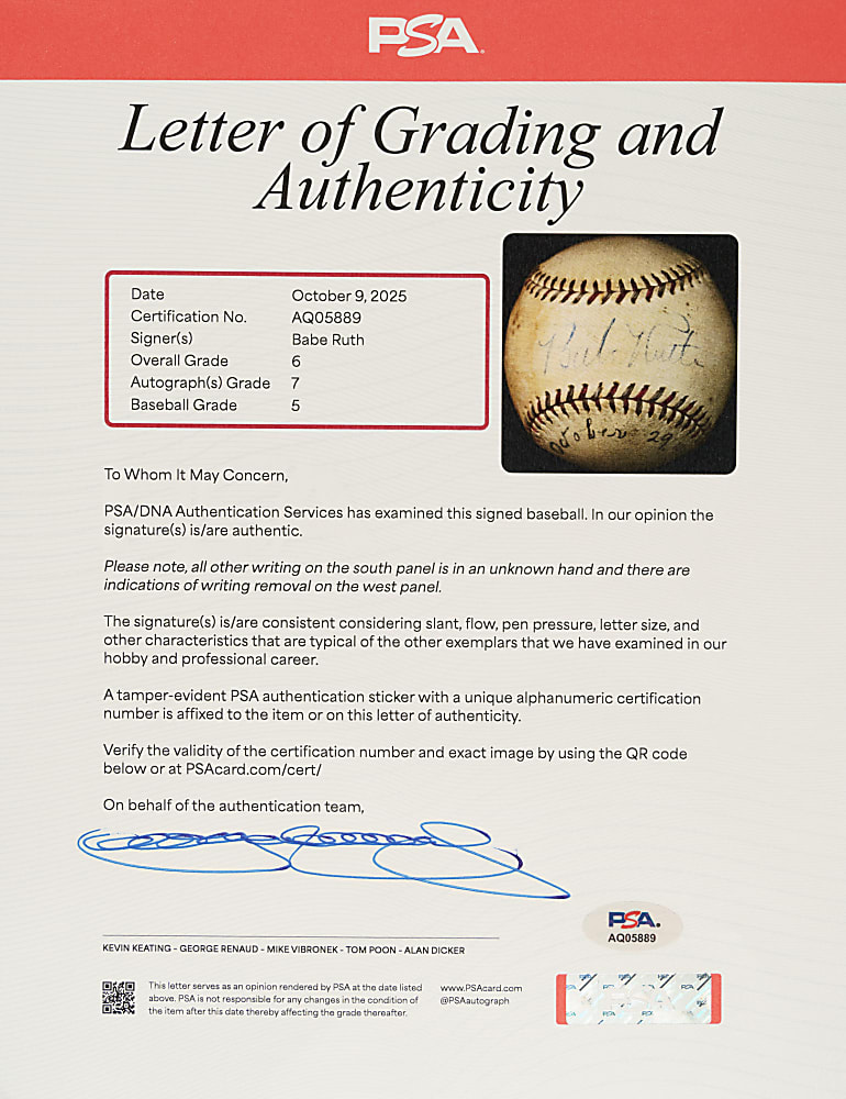 1933 Babe Ruth Single-Signed Baseball with Provenance PSA/DNA NM 7