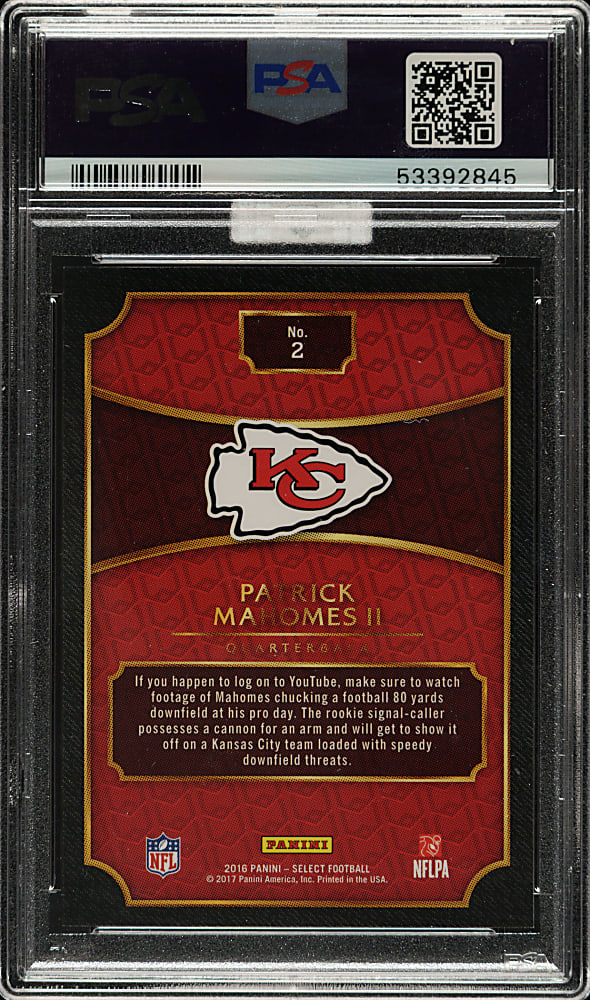2016 Panini Select Football 2017 Draft Prizm Redemption #2 Patrick Mahomes II Rookie PSA GEM MINT 10 (MBA Silver Diamond)