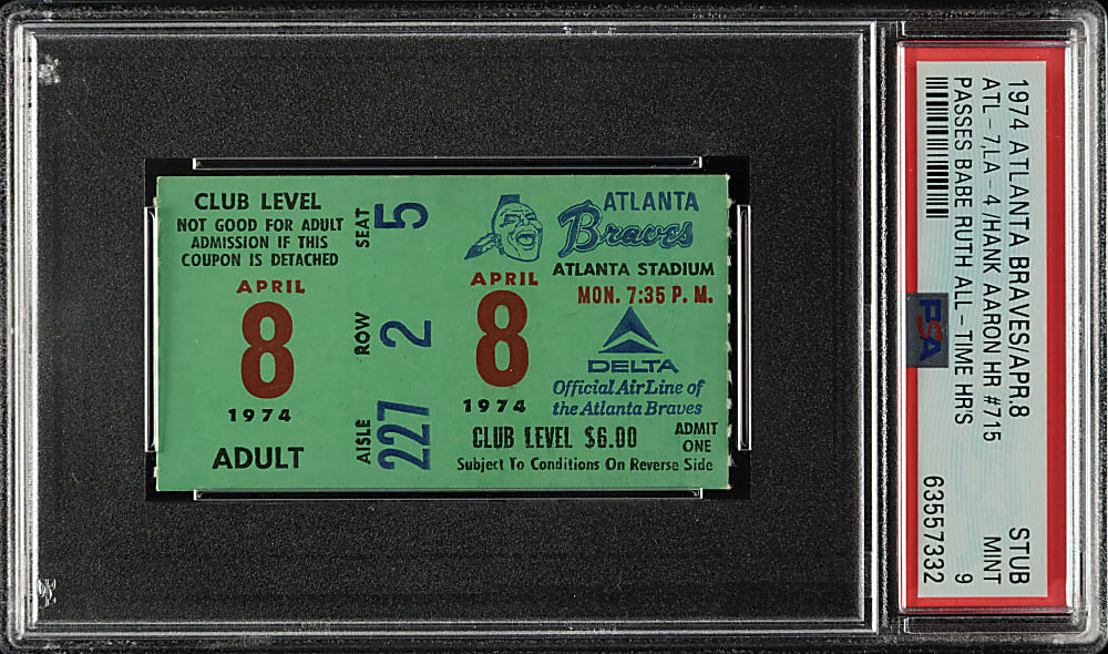 April 8, 1974 Atlanta Braves (vs. Los Angeles Dodgers) Ticket Stub PSA MINT 9 - Hank Aaron Home Run #715 - Passes Babe Ruth for Most All-Time!