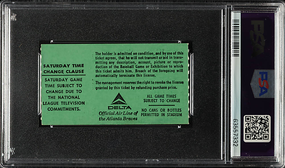 April 8, 1974 Atlanta Braves (vs. Los Angeles Dodgers) Ticket Stub PSA MINT 9 - Hank Aaron Home Run #715 - Passes Babe Ruth for Most All-Time!