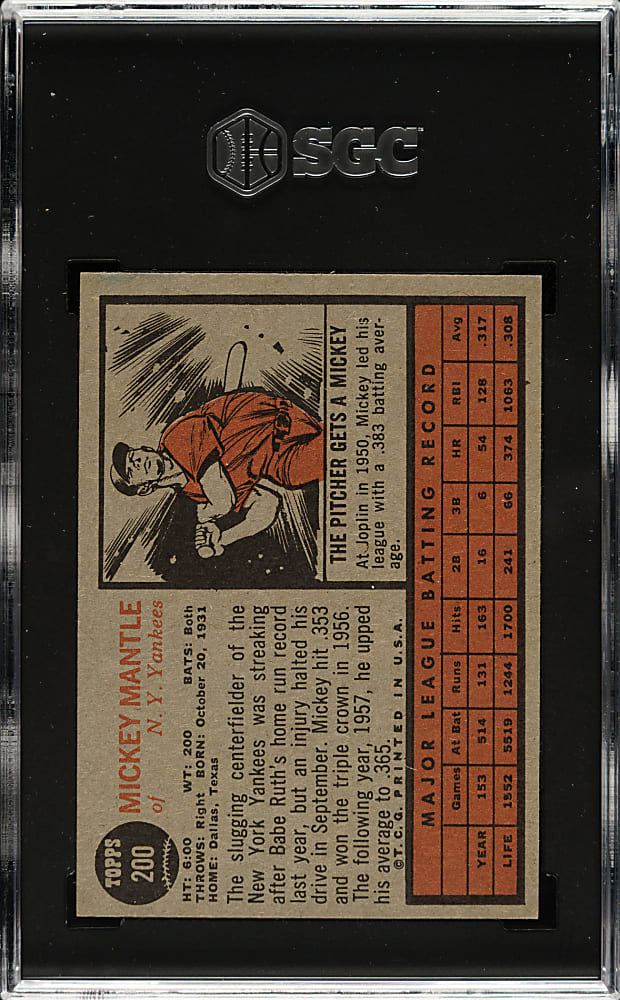 1962 Topps #200 Mickey Mantle SGC EX/NM 6