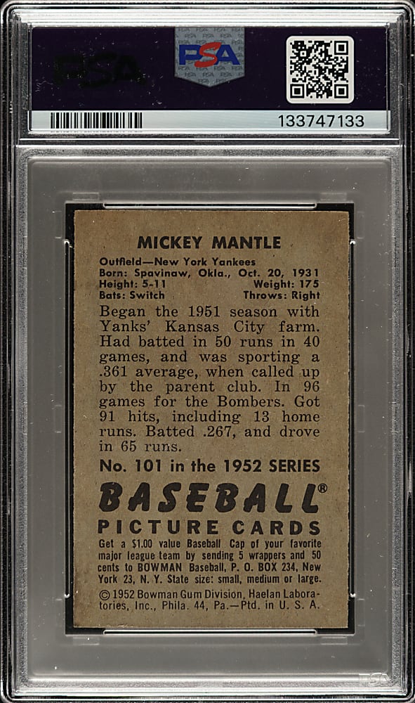 1952 Bowman #101 Mickey Mantle PSA EX 5