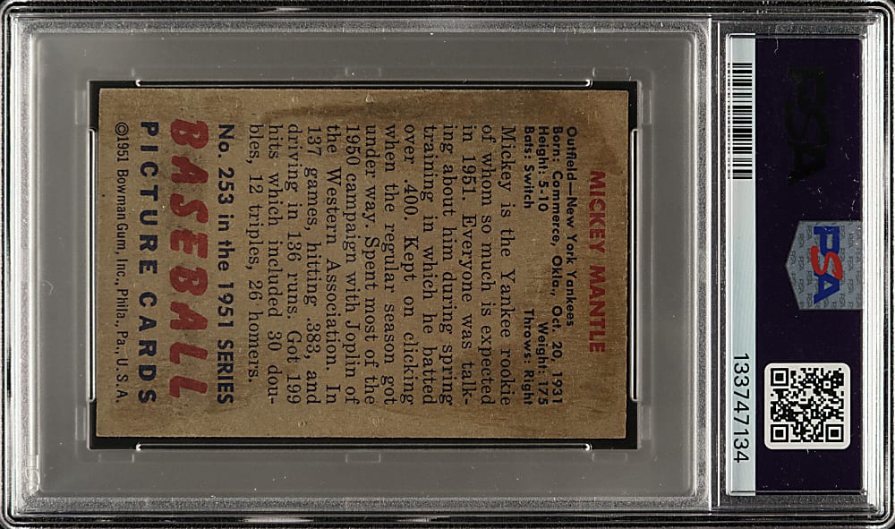 1951 Bowman #253 Mickey Mantle Rookie PSA POOR 1