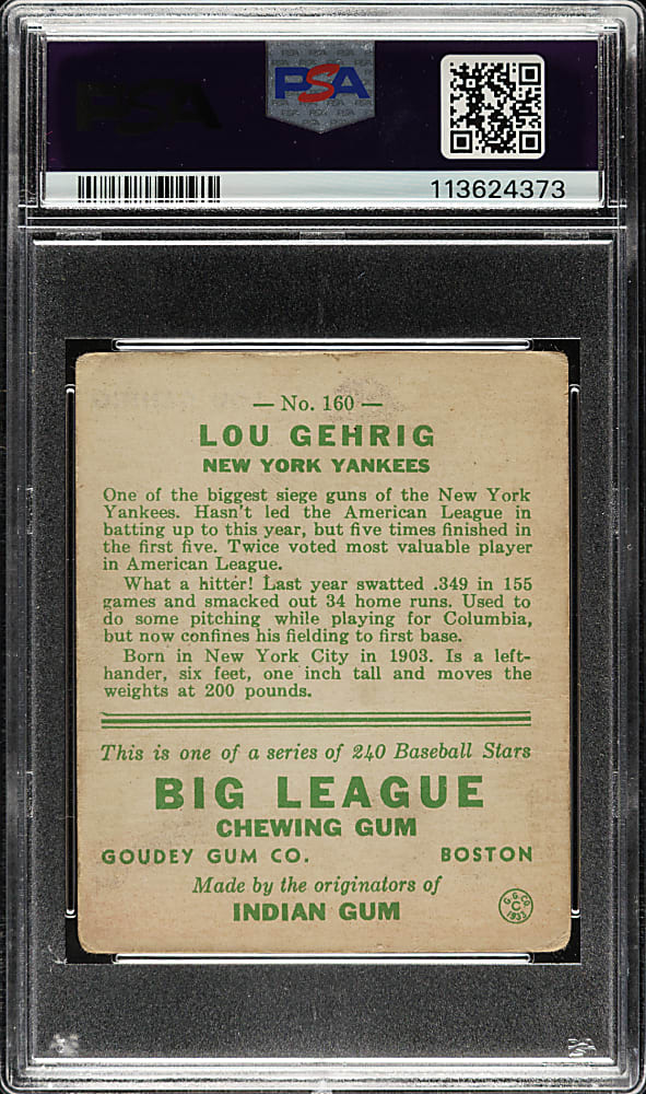 1933 R319 Goudey #160 Lou Gehrig PSA GOOD 2
