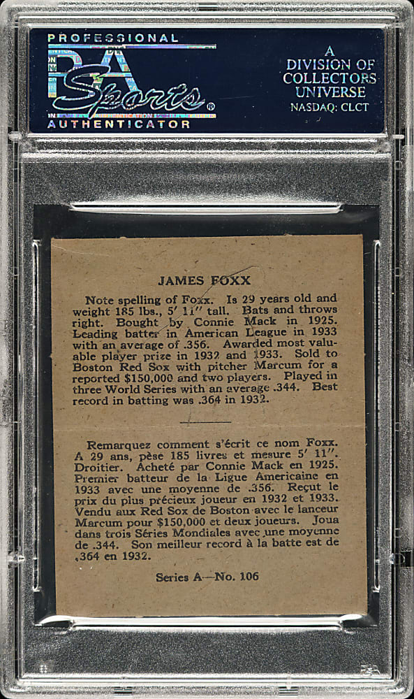 1937 V300 O-Pee-Chee #106 Jimmie Foxx PSA VG-EX 4