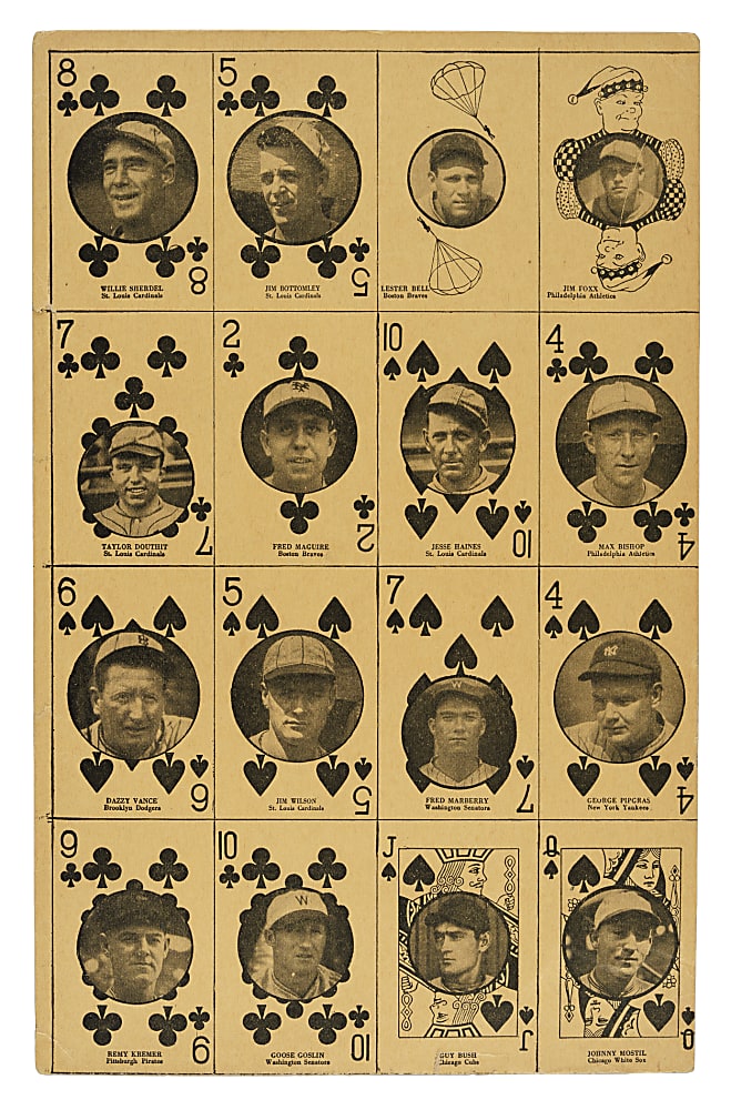 1927 W560 Playing Cards Uncut Sheet (16) Including Bottomley, Foxx, and Vance