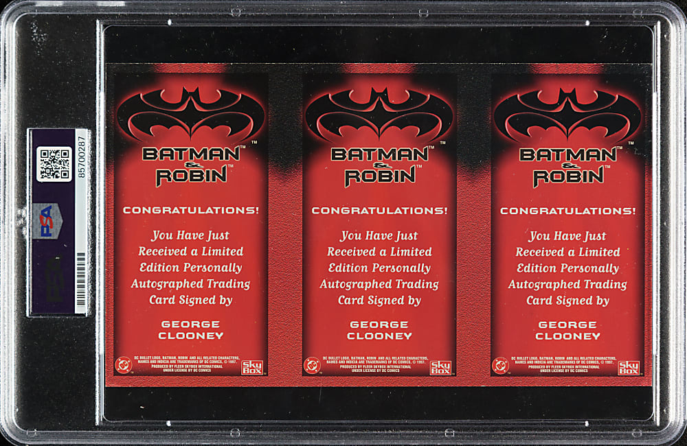 1997 Skybox Batman & Robin Autograph Panel Thrice-Signed by George Clooney PSA/DNA NM-MT 8
