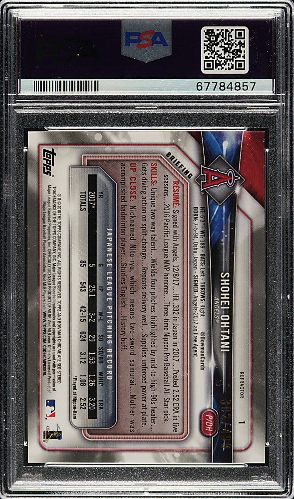 2018 Bowman Chrome #1 Shohei Ohtani Batting Rookie Refractor #302/499 PSA GEM MINT 10