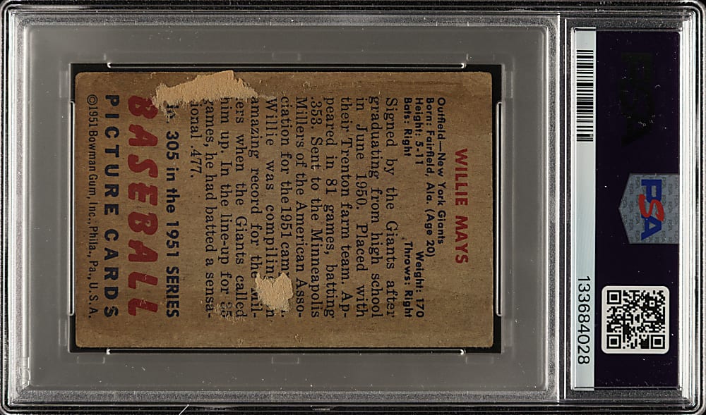 1951 Bowman #305 Willie Mays Rookie PSA POOR 1