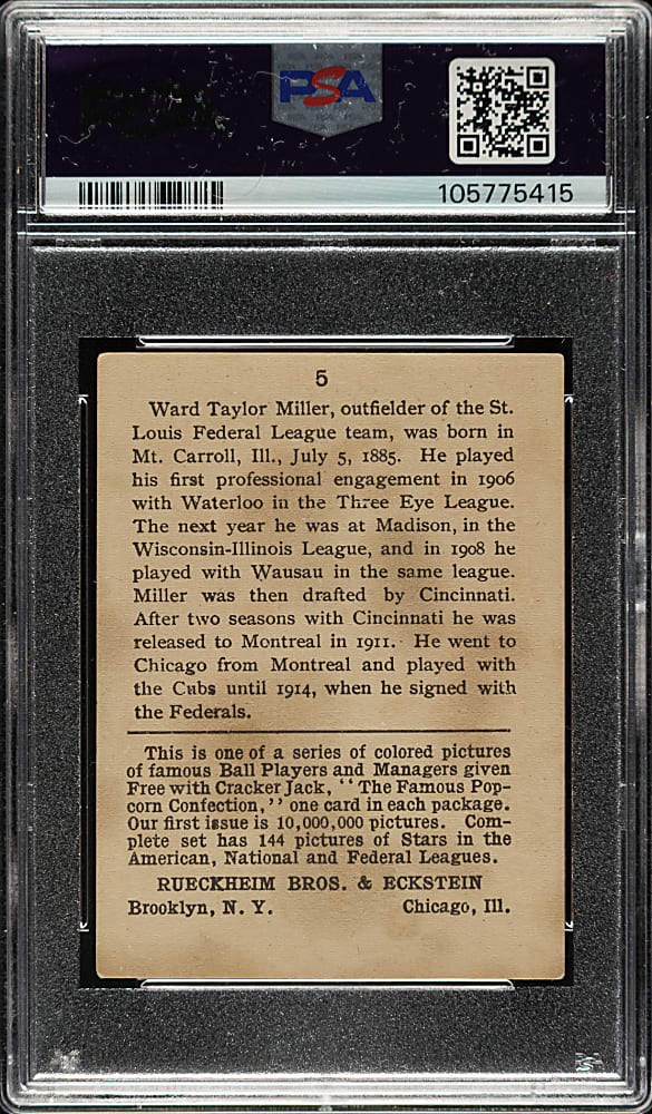 1914 E145 Cracker Jack #5 Ward Miller PSA GOOD 2