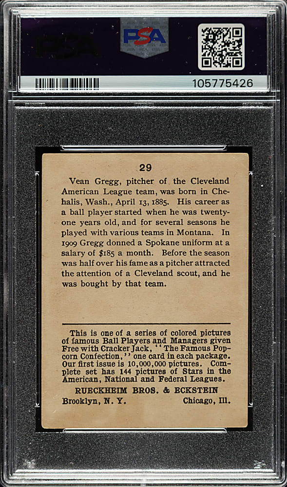 1914 E145 Cracker Jack #29 Vean Gregg PSA GOOD 2