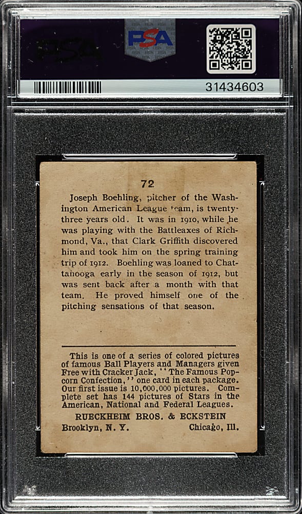 1914 E145 Cracker Jack #72 Joe Boehling PSA GOOD 2