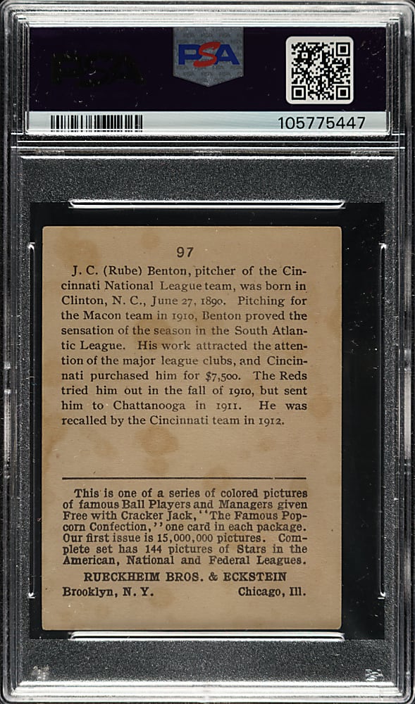 1914 E145 Cracker Jack #97 Rube Benton PSA GOOD 2