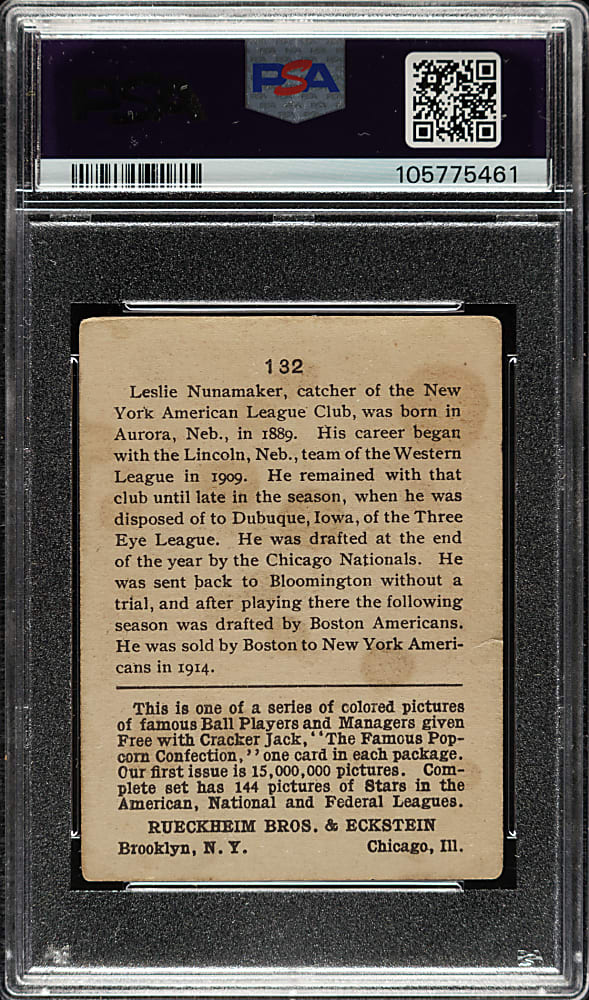 1914 E145 Cracker Jack #132 Leslie Nunamaker PSA FAIR 1.5