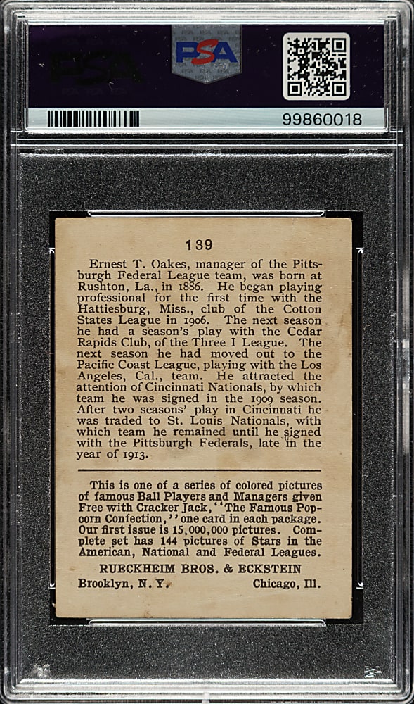 1915 E145 Cracker Jack #139 Ernest Oakes PSA GOOD 2