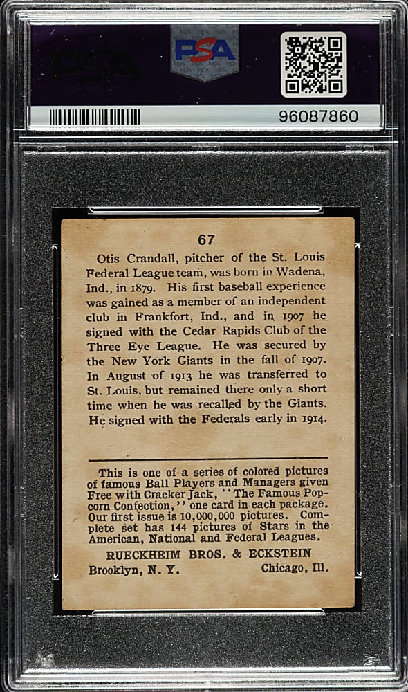 1914 E145 Cracker Jack #67 Otis Crandall PSA VG 3