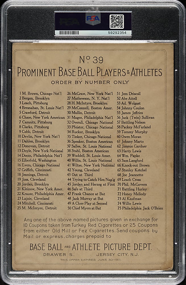 1911 T3 Turkey Red #39 Rube Waddell PSA GOOD 2