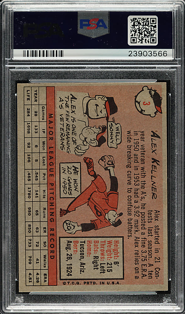 1958 Topps #3 Alex Kellner PSA MINT 9 - Highest Graded!