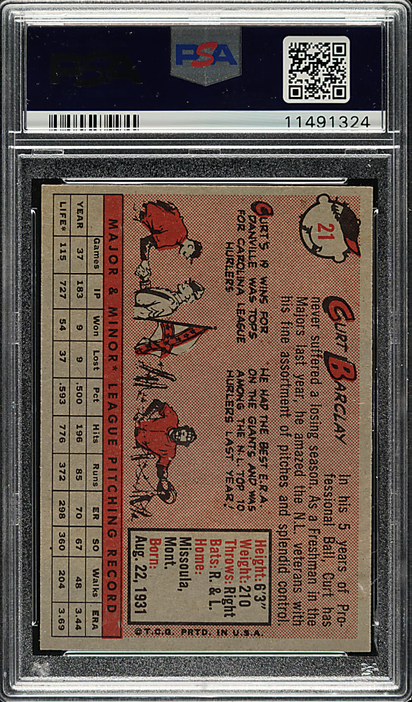 1958 Topps #21 Curt Barclay PSA MINT 9 - Highest Graded!