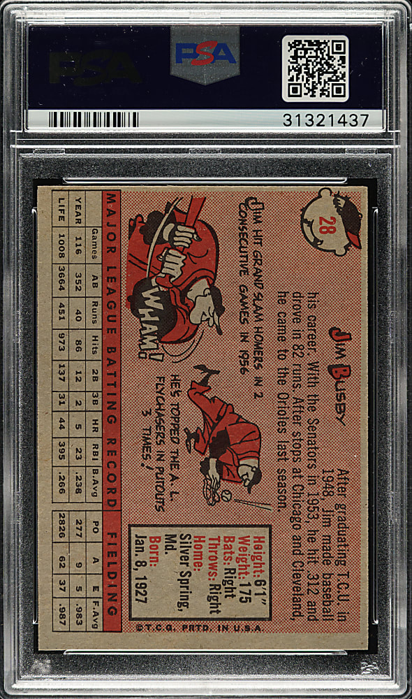 1958 Topps #28 Jim Busby PSA MINT 9 - Highest Graded!