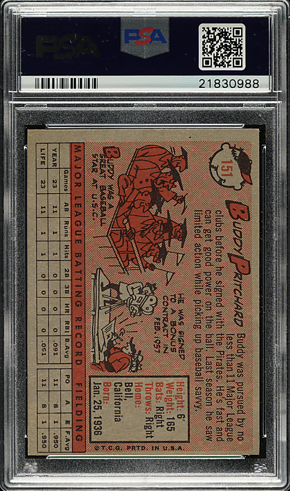 1958 Topps #151 Buddy Pritchard PSA MINT 9 - Highest Graded!