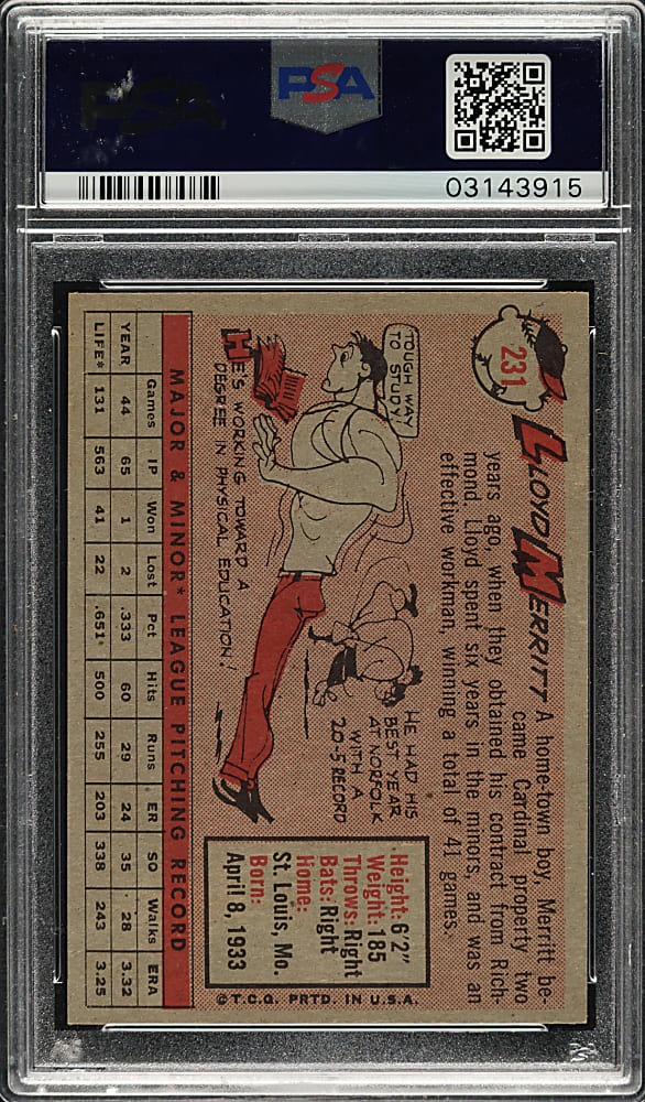 1958 Topps #231 Lloyd Merritt PSA MINT 9 - Highest Graded!
