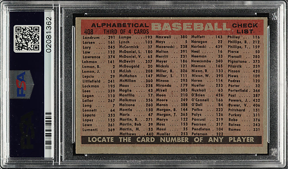 1958 Topps #408 Baltimore Orioles Team Alphabetical Checklist PSA MINT 9 - Highest Graded!