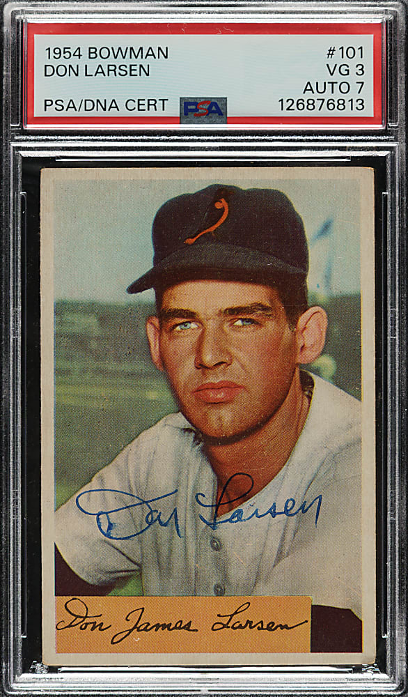 Signed 1954 Bowman #101 Don Larsen Rookie PSA VG 3 with NM 7 Signature
