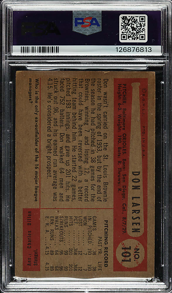 Signed 1954 Bowman #101 Don Larsen Rookie PSA VG 3 with NM 7 Signature