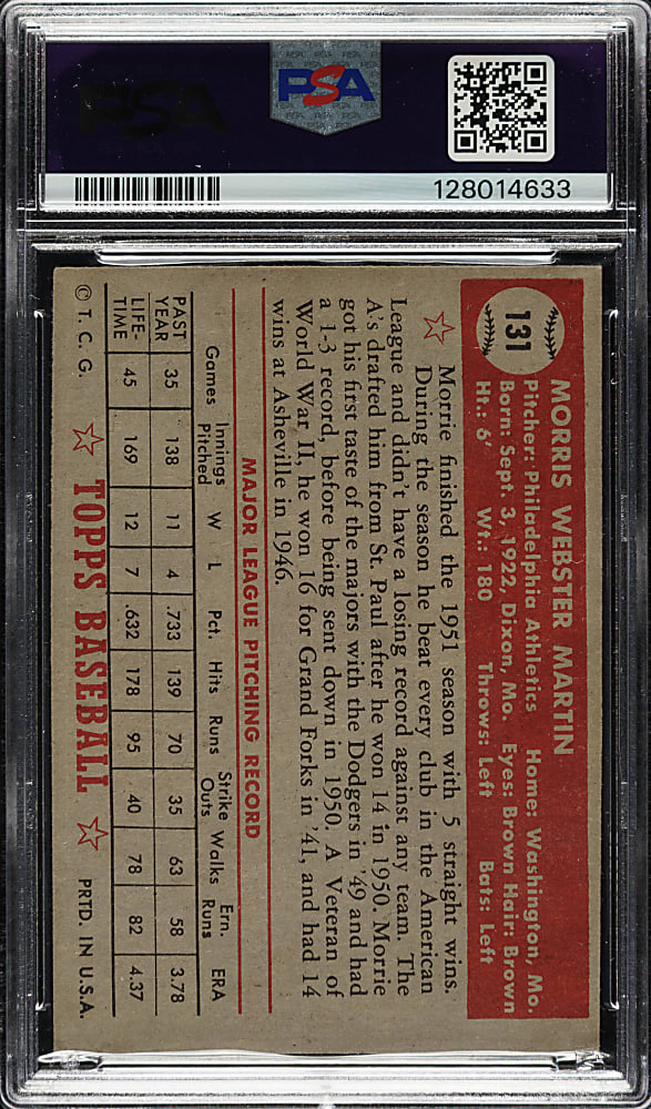 1952 Topps #131 Morrie Martin PSA VG-EX 4 - "Canadian" Gray Back