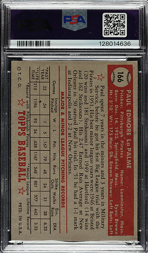 1952 Topps #166 Paul LaPalme PSA VG-EX 4 - "Canadian" Gray Back