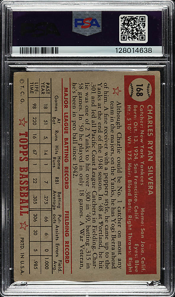 1952 Topps #168 Charlie Silvera PSA VG 3 - "Canadian" Gray Back