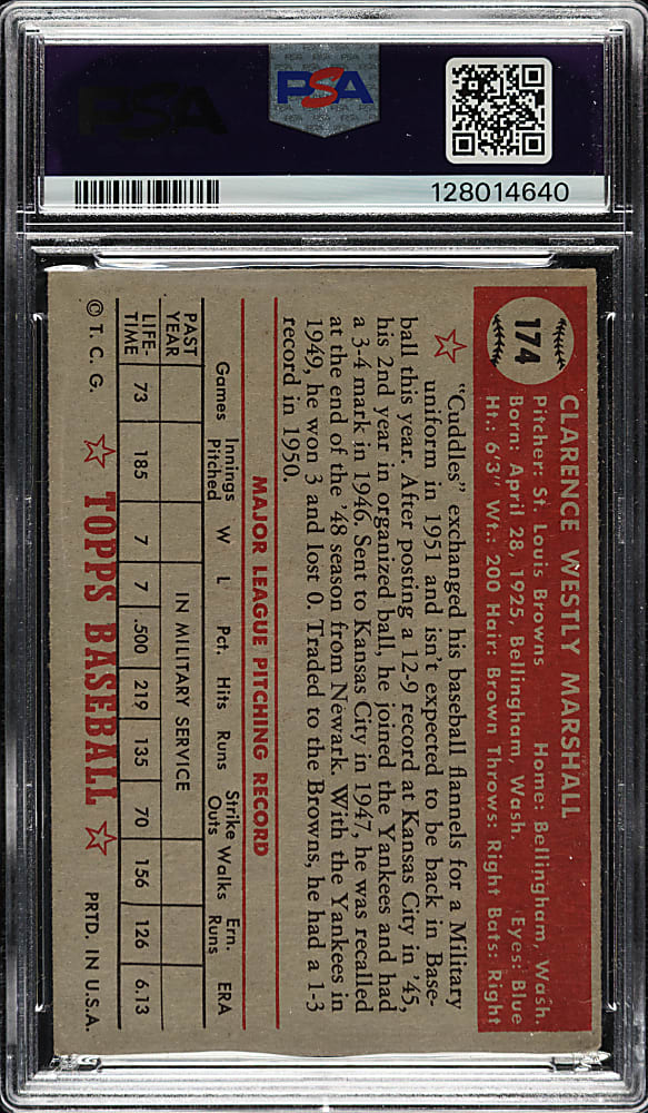 1952 Topps #174 Clarence Marshall PSA GOOD 2 - "Canadian" Gray Back