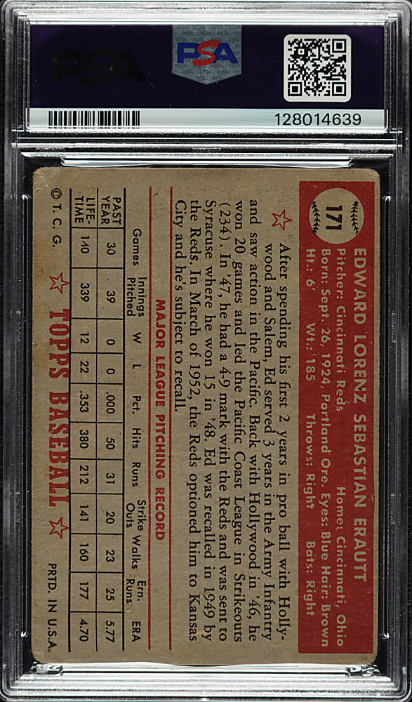 1952 Topps #171 Ed Erautt PSA FAIR 1.5 - "Canadian" Gray Back