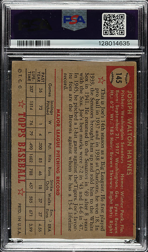 1952 Topps #145 Joe Haynes PSA VG+ 3.5 - "Canadian" Gray Back