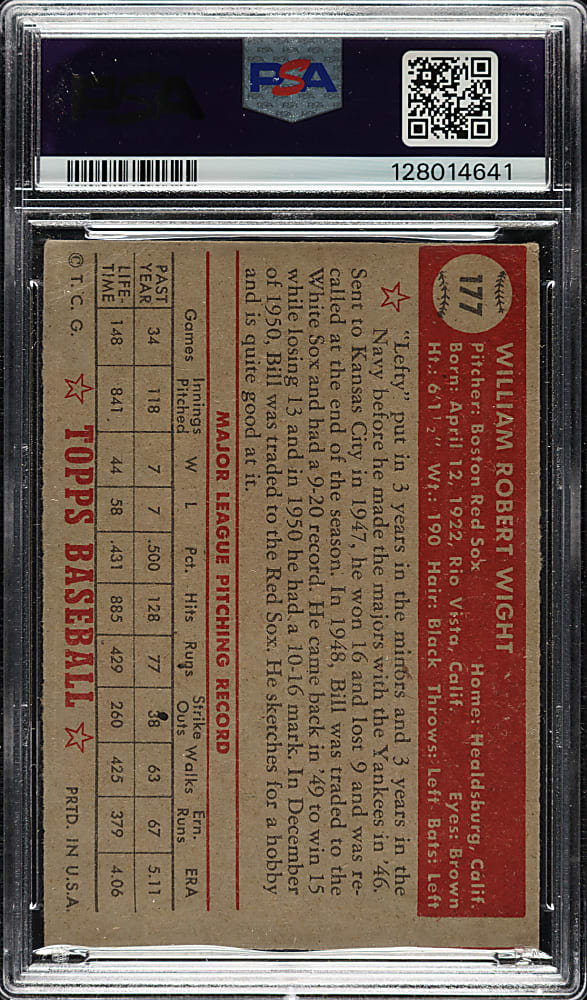 1952 Topps #177 Bill Wight PSA VG-EX 4 - "Canadian" Gray Back