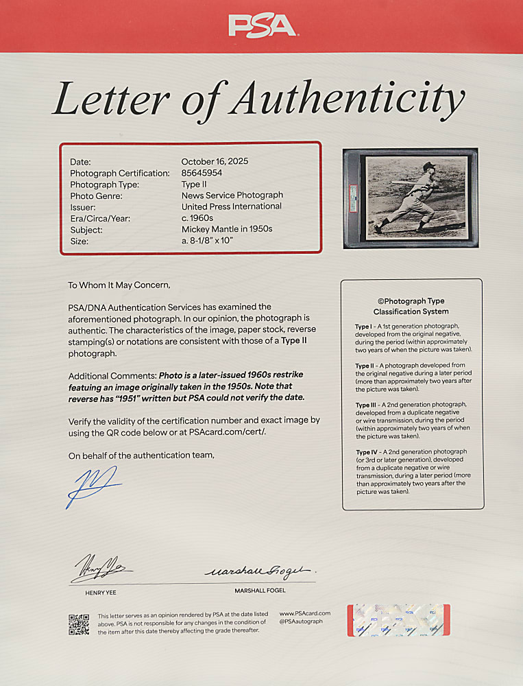 Circa 1960s Mickey Mantle in 1950s United Press International News Service Photograph PSA/DNA Type II