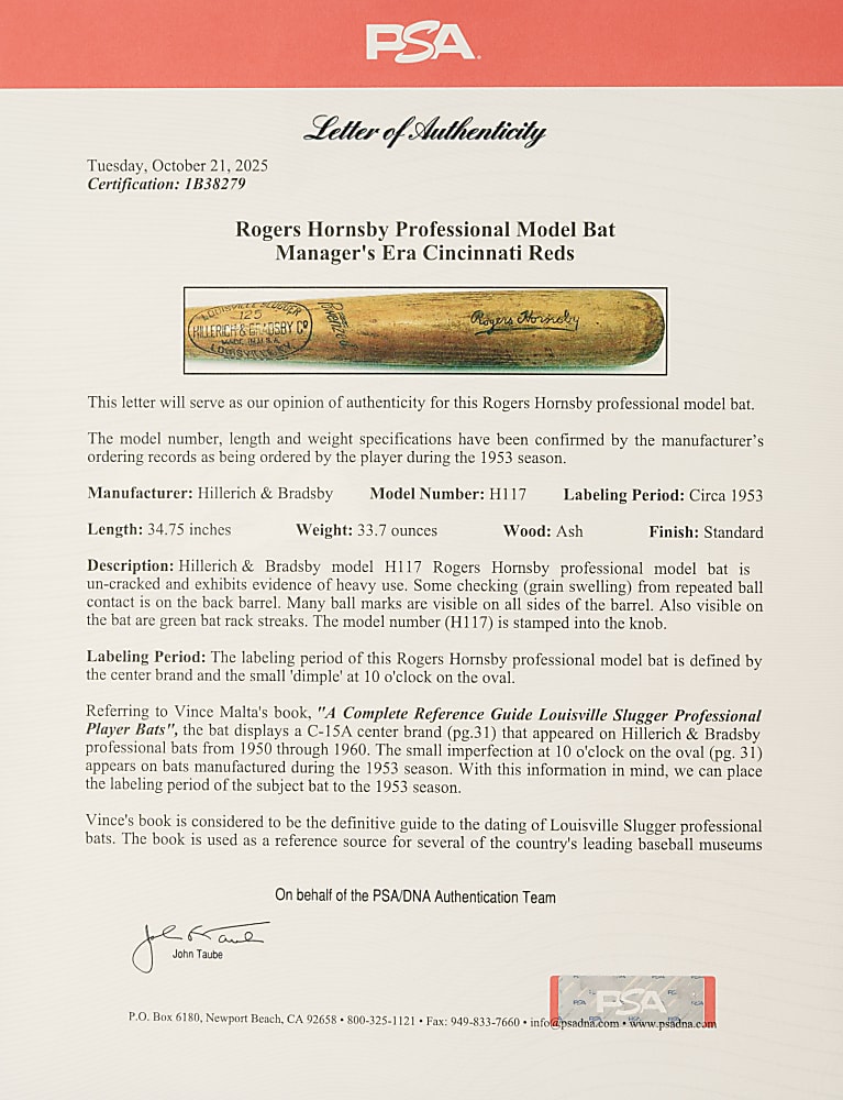 Circa 1953 Rogers Hornsby Cincinnati Reds Practice-Used Professional Model Coach's Bat - PSA/DNA
