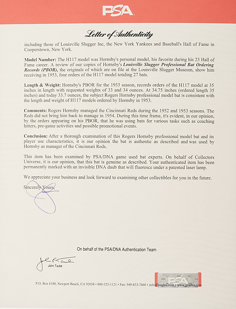 Circa 1953 Rogers Hornsby Cincinnati Reds Practice-Used Professional Model Coach's Bat - PSA/DNA