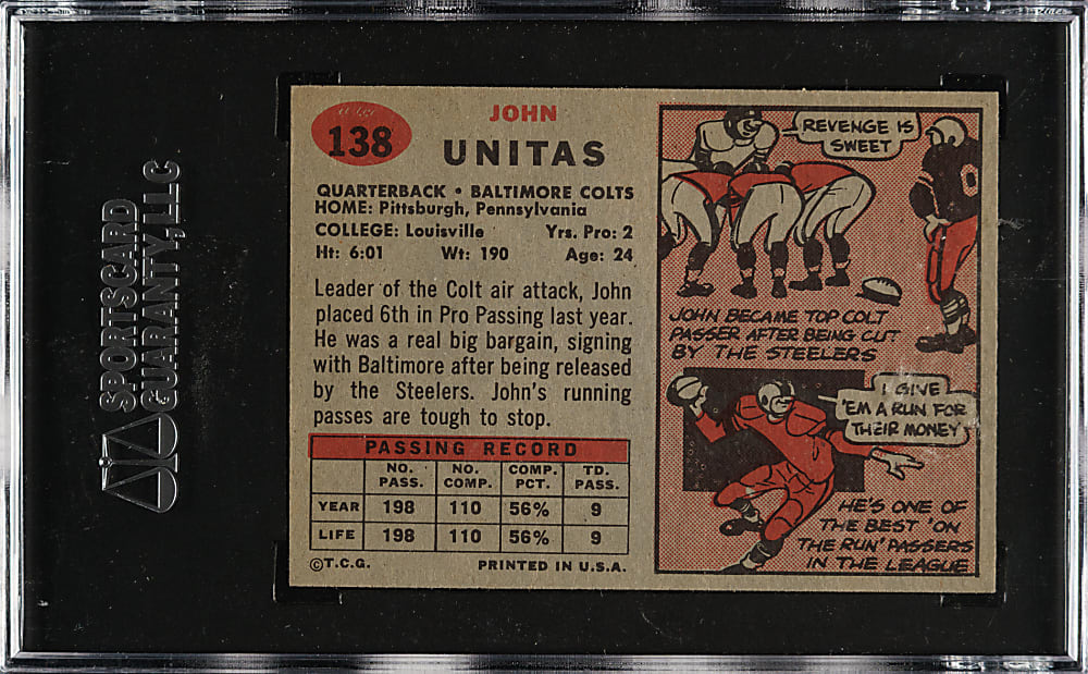 1957 Topps Football #138 Johnny Unitas Rookie SGC NM 7