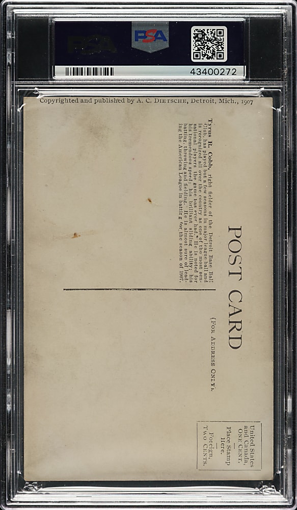 1907 PC765 A. C. Dietsche Detroit Tigers Postcard Ty Cobb Rookie Batting PSA VG 3
