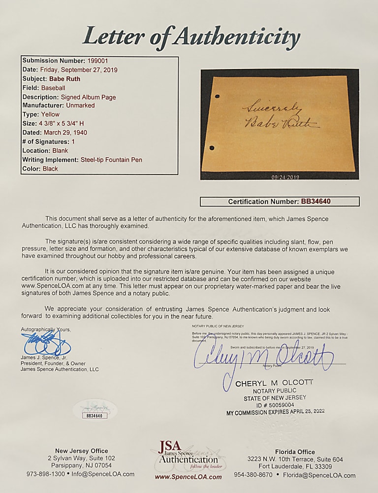 Babe Ruth Signed Album Page PSA/DNA MINT 9 and JSA