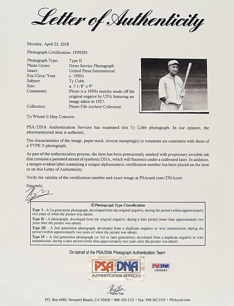 Circa 1950s Ty Cobb United Press International Photograph PSA/DNA Type II