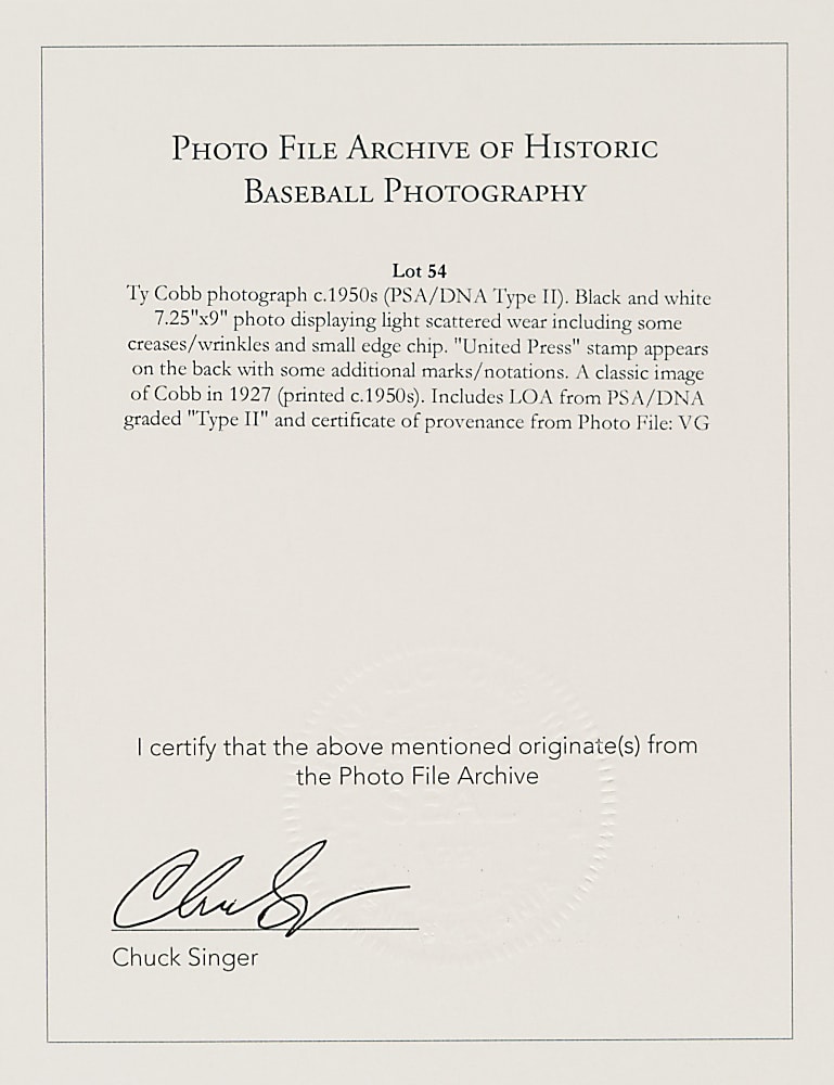 Circa 1950s Ty Cobb United Press International Photograph PSA/DNA Type II