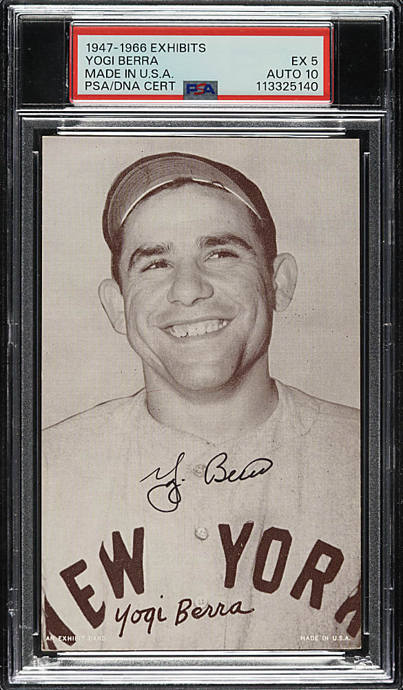 Signed 1947-1966 Exhibits Yogi Berra Made In USA Right Corner PSA EX 5 with GEM MINT 10 Signature