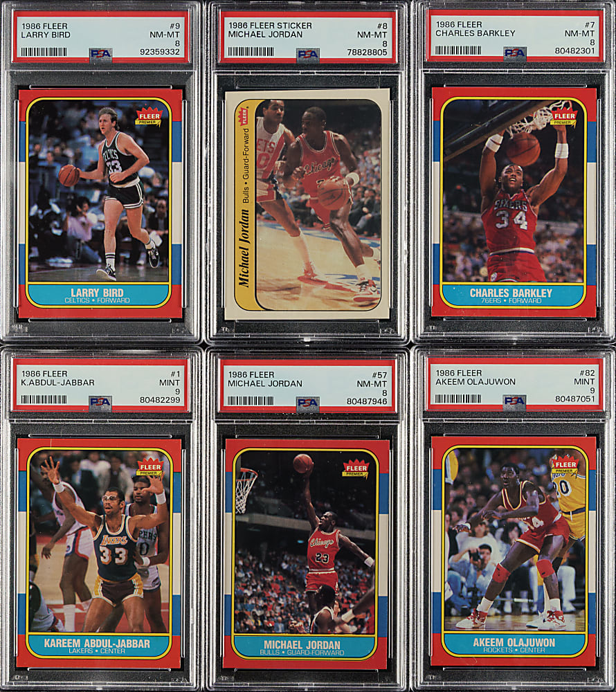 1986-1987 Fleer Basketball PSA-Graded Complete Set (132) with #57 Michael Jordan Rookie NM-MT 8 Plus Complete Sticker Set (11)