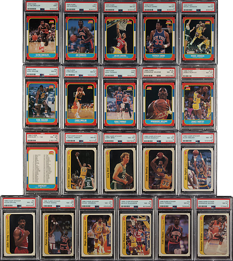 1986-1987 Fleer Basketball PSA-Graded Complete Set (132) with #57 Michael Jordan Rookie NM-MT 8 Plus Complete Sticker Set (11)