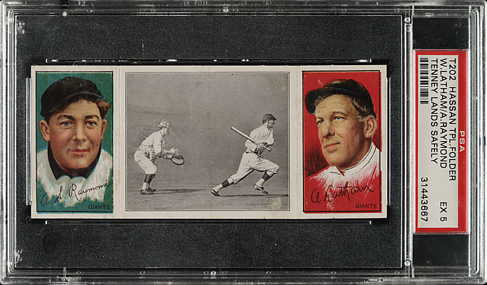 1912 T202 Hassan Triple Folder "Tenney Lands Safely" Raymond/Latham PSA EX 5