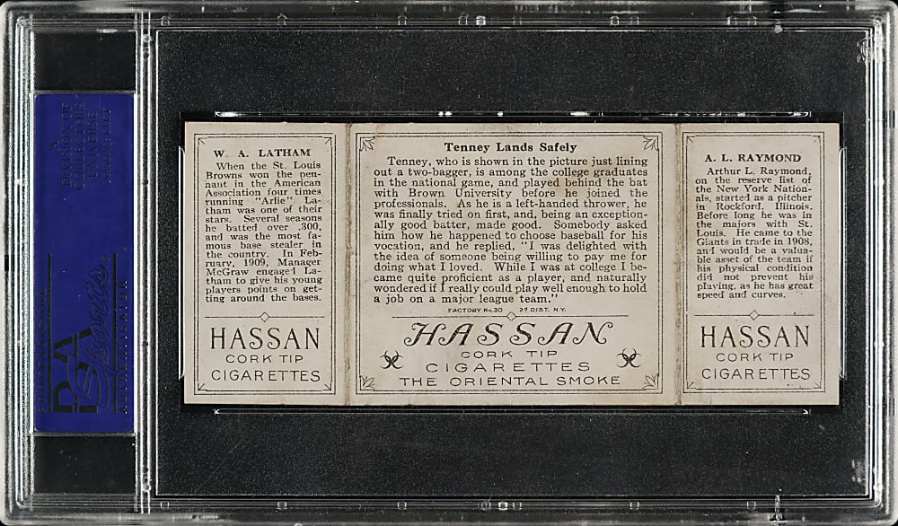 1912 T202 Hassan Triple Folder "Tenney Lands Safely" Raymond/Latham PSA EX 5